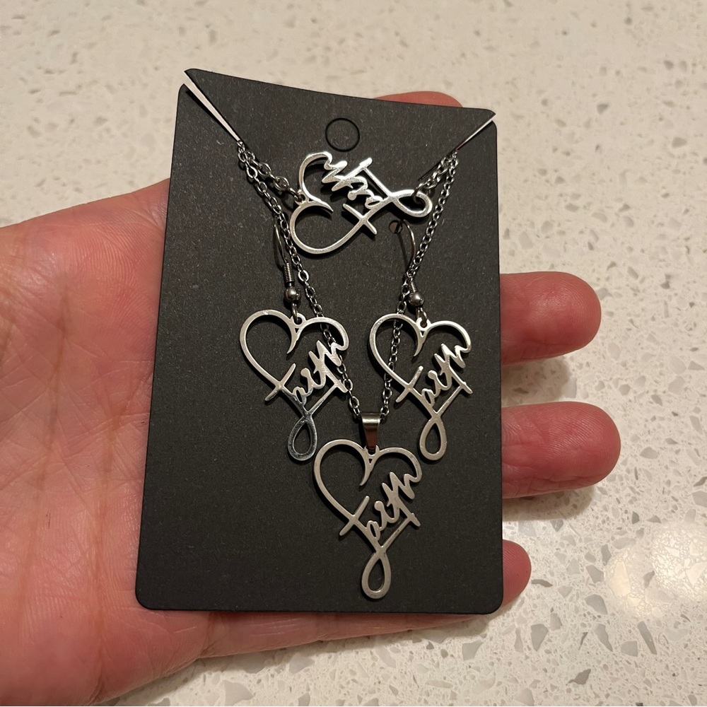 “ Faith” heart shaped stainless steel jewelry Set - necklace, earrings, bracelet